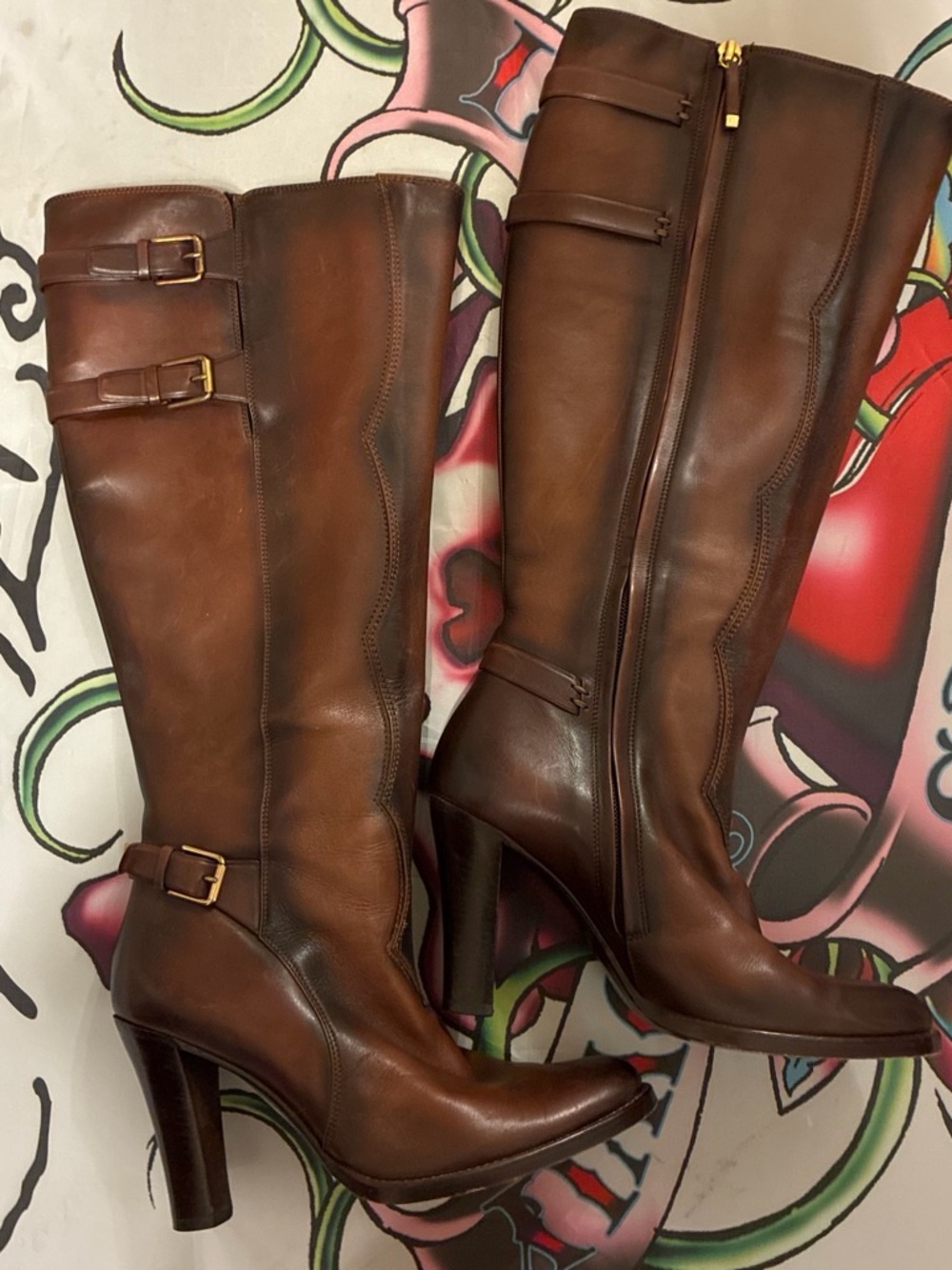 Ralph Lauren Brown Leather Knee-High Heeled Boots